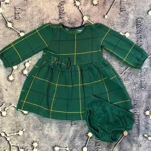Carters winter holiday sweater dress with gold stripes and matching bloomers